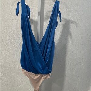 Strut & Bolt Blue and Cream Sleeveless V-Neck Bodysuit